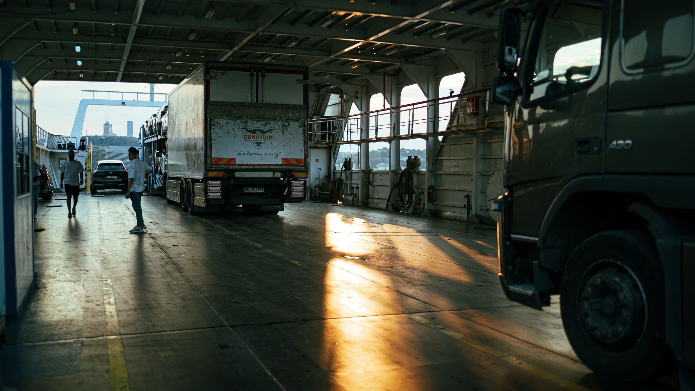 Ferry cargo deck at sunset