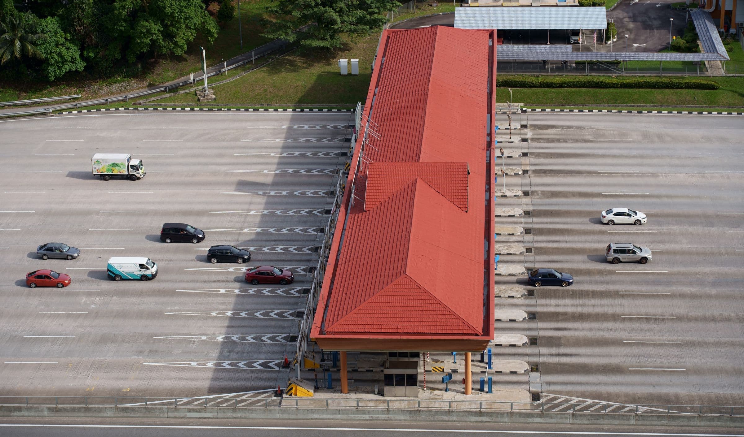 Aerial view of a motorway toll station